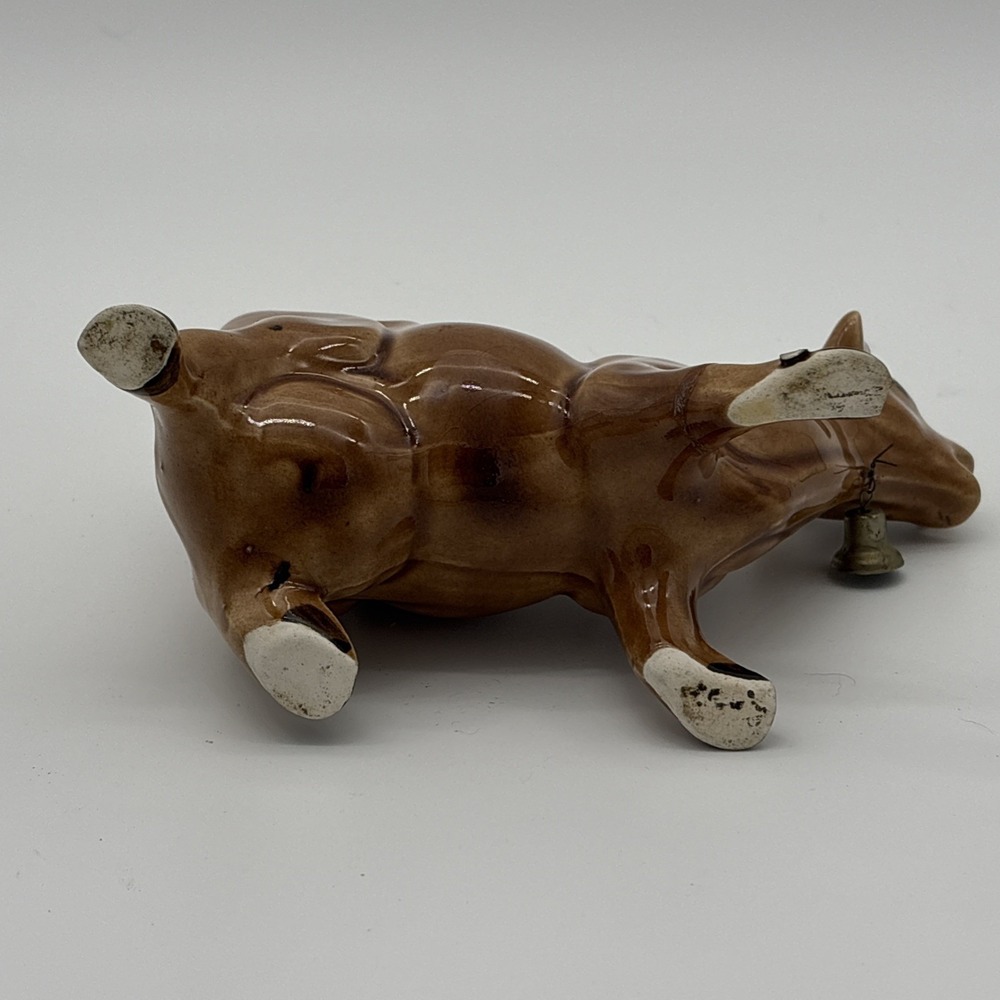 Vintage Ceramic Jersey Cow Creamer Brown Glazed Novelty Pitcher with Cowbell - Picture 7 of 8